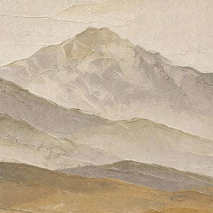 Detail of The Far Hills Grow Quiet, showing the pale mountain ridges and earthy foreground.