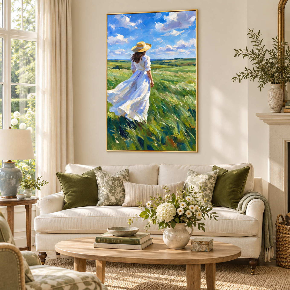 The Fields Await in a gold frame above a cream sofa with green cushions and a wood table topped with flowers.