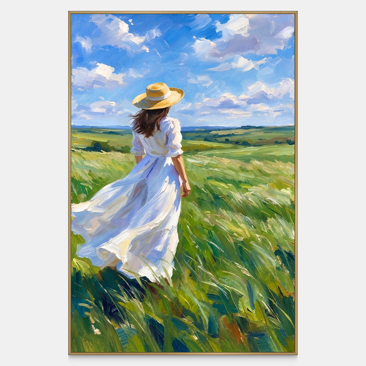 Front view of The Fields Await, a straw-hatted figure in a flowing white dress facing green fields beneath a blue cloud-filled sky.