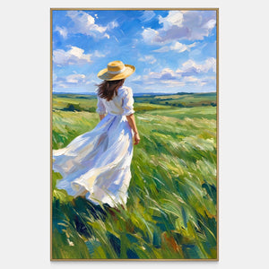 Front view of The Fields Await, a straw-hatted figure in a flowing white dress facing green fields beneath a blue cloud-filled sky.