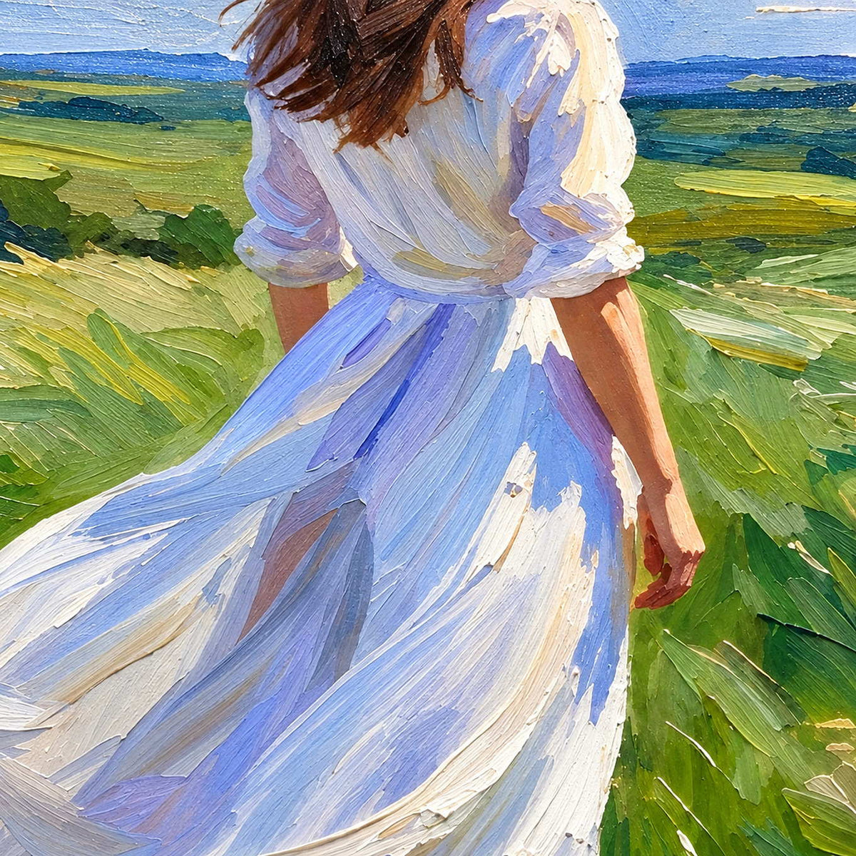 Close-up of The Fields Await showing thick white and pale blue dress strokes, a relaxed hand and sweeping green grasses.