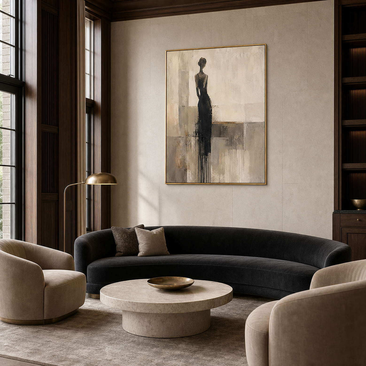 Textured Figurative Wall Art displayed in a refined curved living room.