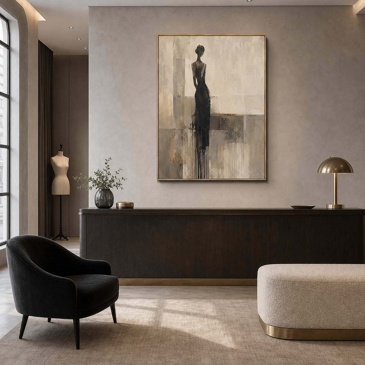 Textured Figurative Wall Art displayed in a refined modern lounge.