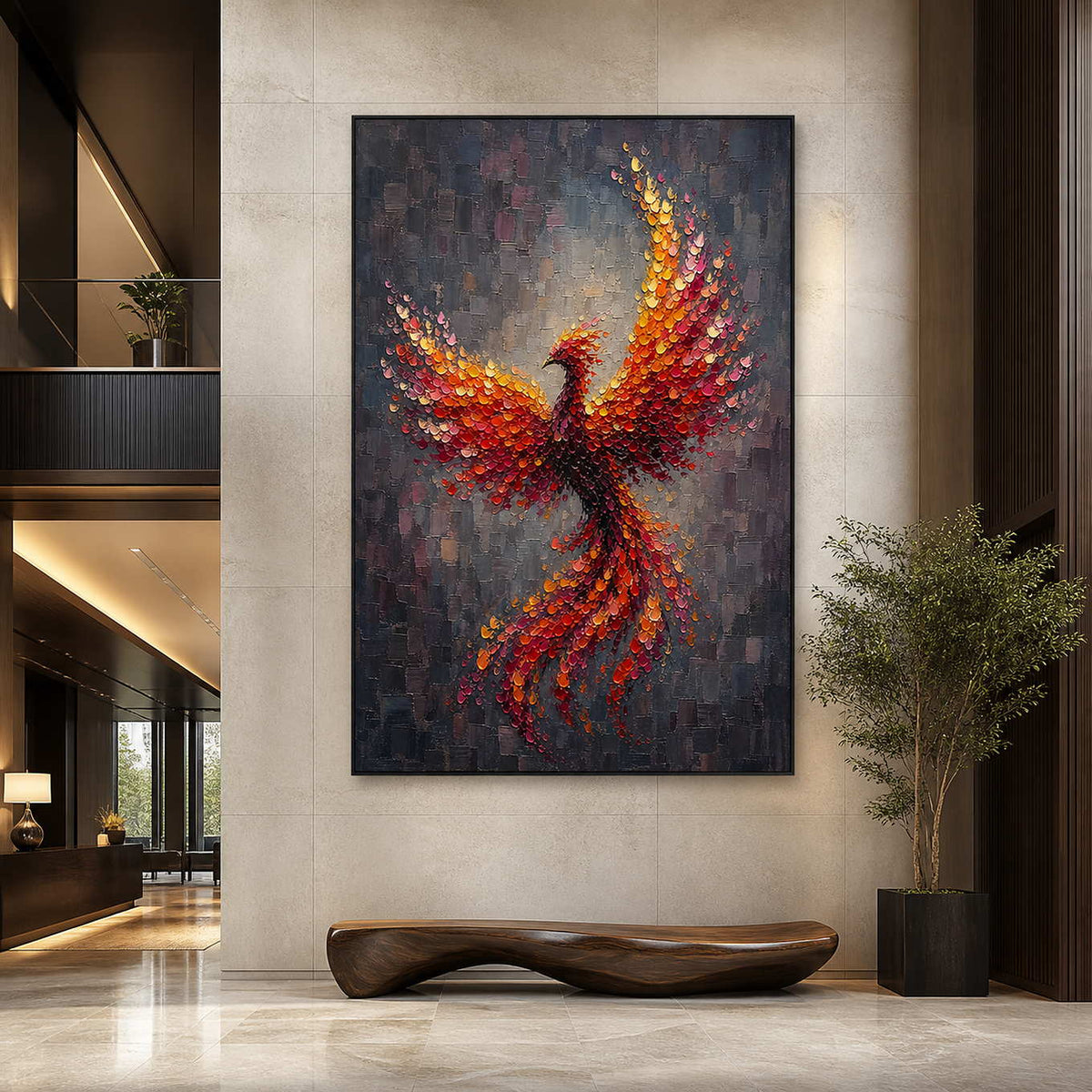 Vertical phoenix wall art displayed in a contemporary art hotel lobby.