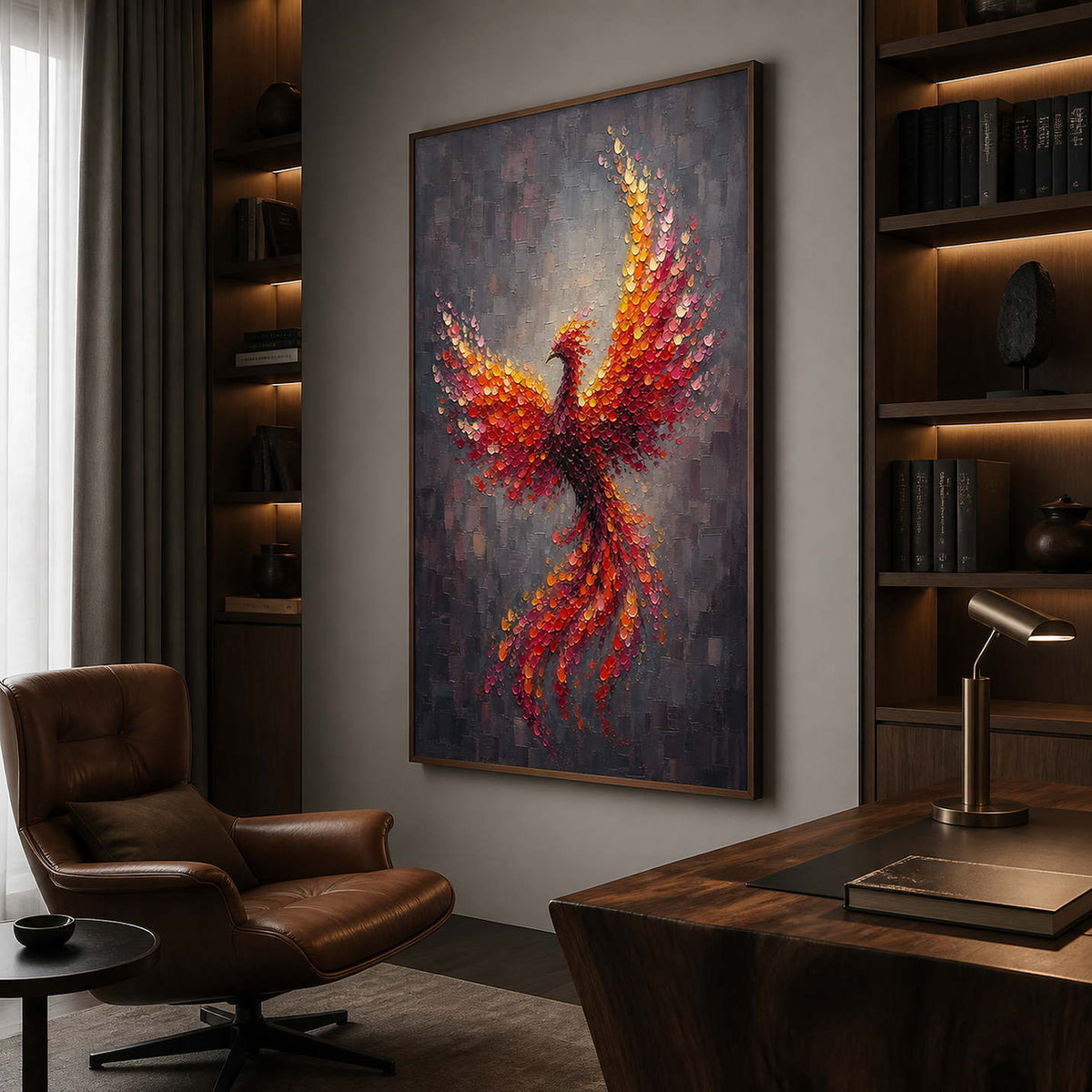 Textured phoenix wall art displayed in a dark walnut collector study.