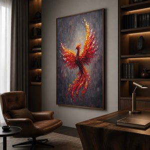 Textured phoenix wall art displayed in a dark walnut collector study.