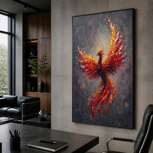 Fiery vertical phoenix wall art displayed in a creative director office.