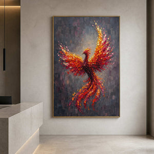 Textured firebird wall art displayed in a boutique gallery reception.