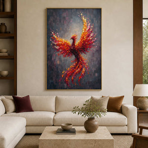 Fiery textured phoenix wall art displayed in a modern living room.