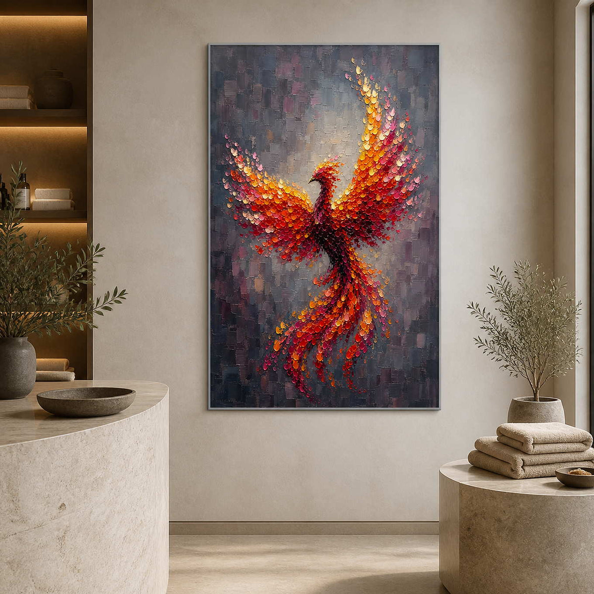 Textured firebird wall art displayed in a refined spa reception.