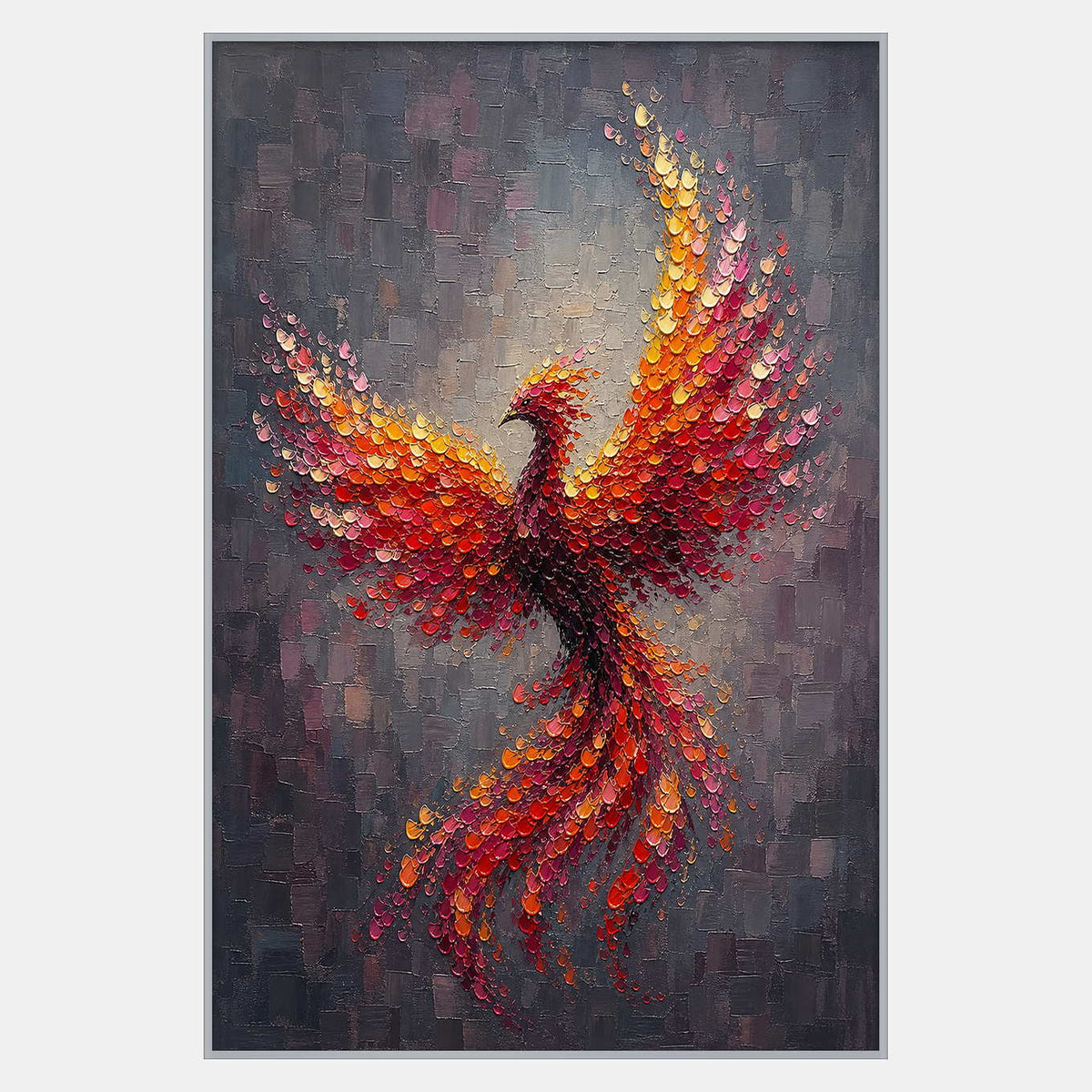 Hand-painted textured phoenix rising in amber, orange, crimson, and burgundy.