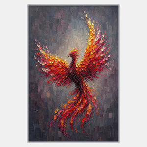 Hand-painted textured phoenix rising in amber, orange, crimson, and burgundy.
