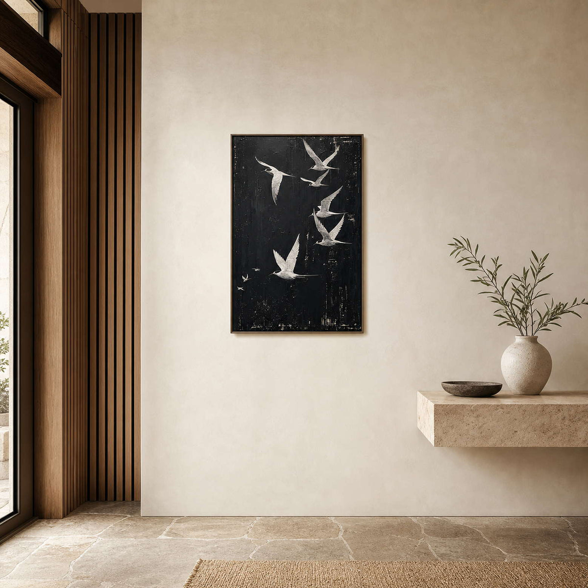 Minimalist Bird Wall Art displayed in a refined entryway 2.