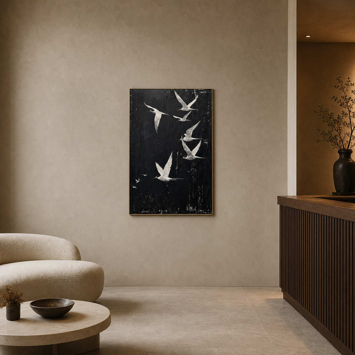 Minimalist Bird Wall Art displayed in a refined hospitality lounge 2.