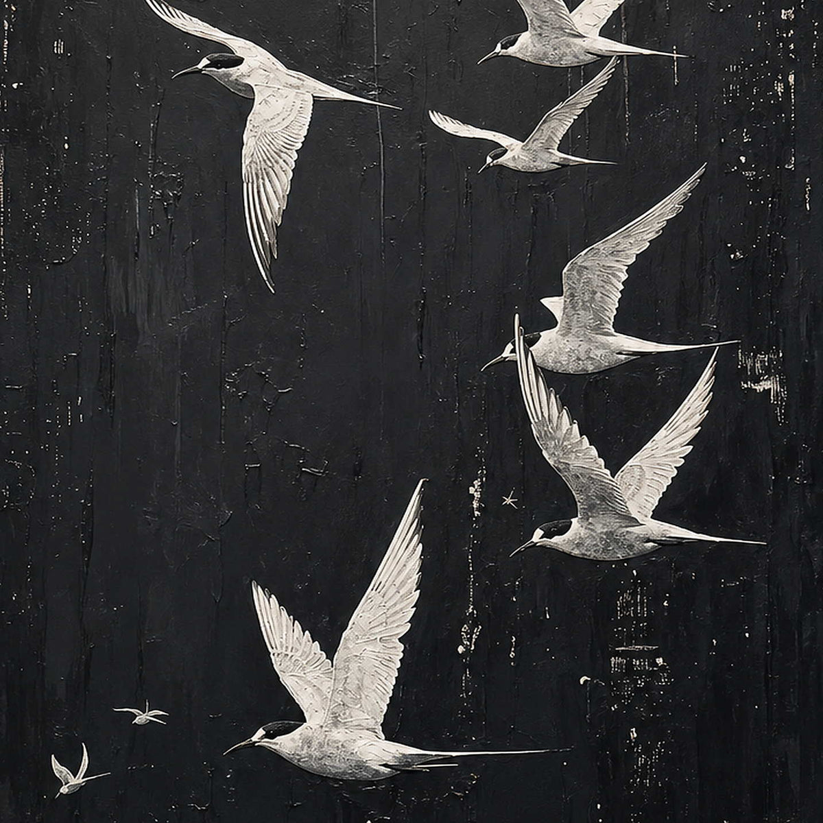 Close-up of raised hand-painted texture in black, white, and neutral.