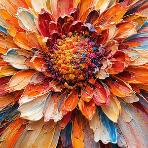 Close-up of raised hand-painted texture in blue, warm tones, and multicolor.