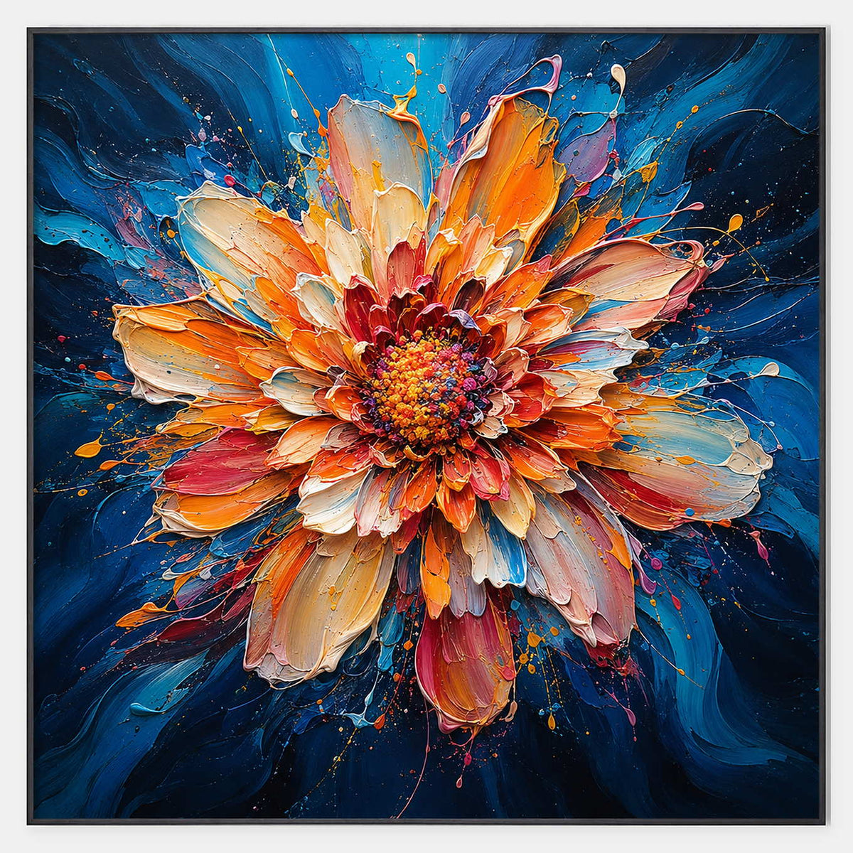 Hand-painted textured floral wall art in blue, warm tones, and multicolor.