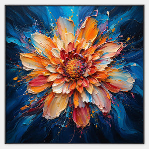 Hand-painted textured floral wall art in blue, warm tones, and multicolor.