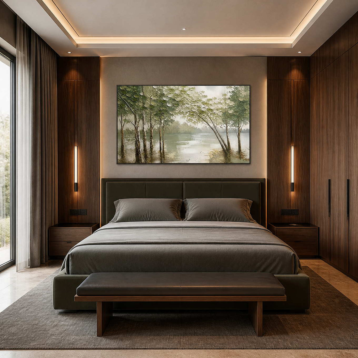Tranquil woodland wall art displayed above a dark wood bedroom.