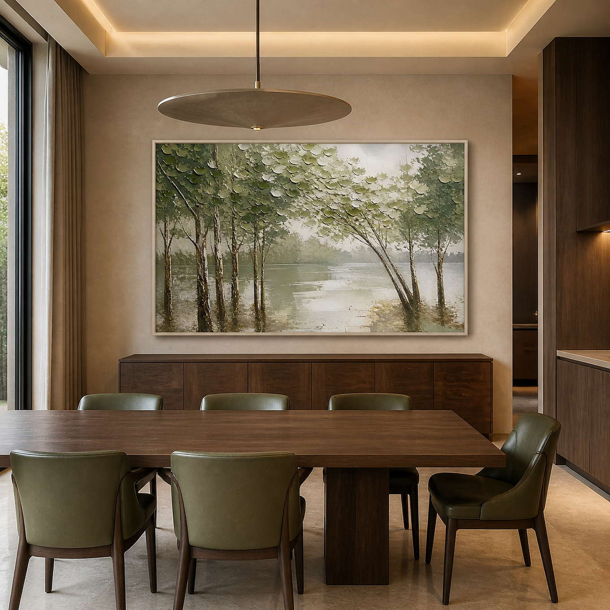 Textured forest painting displayed in a contemporary walnut dining room.