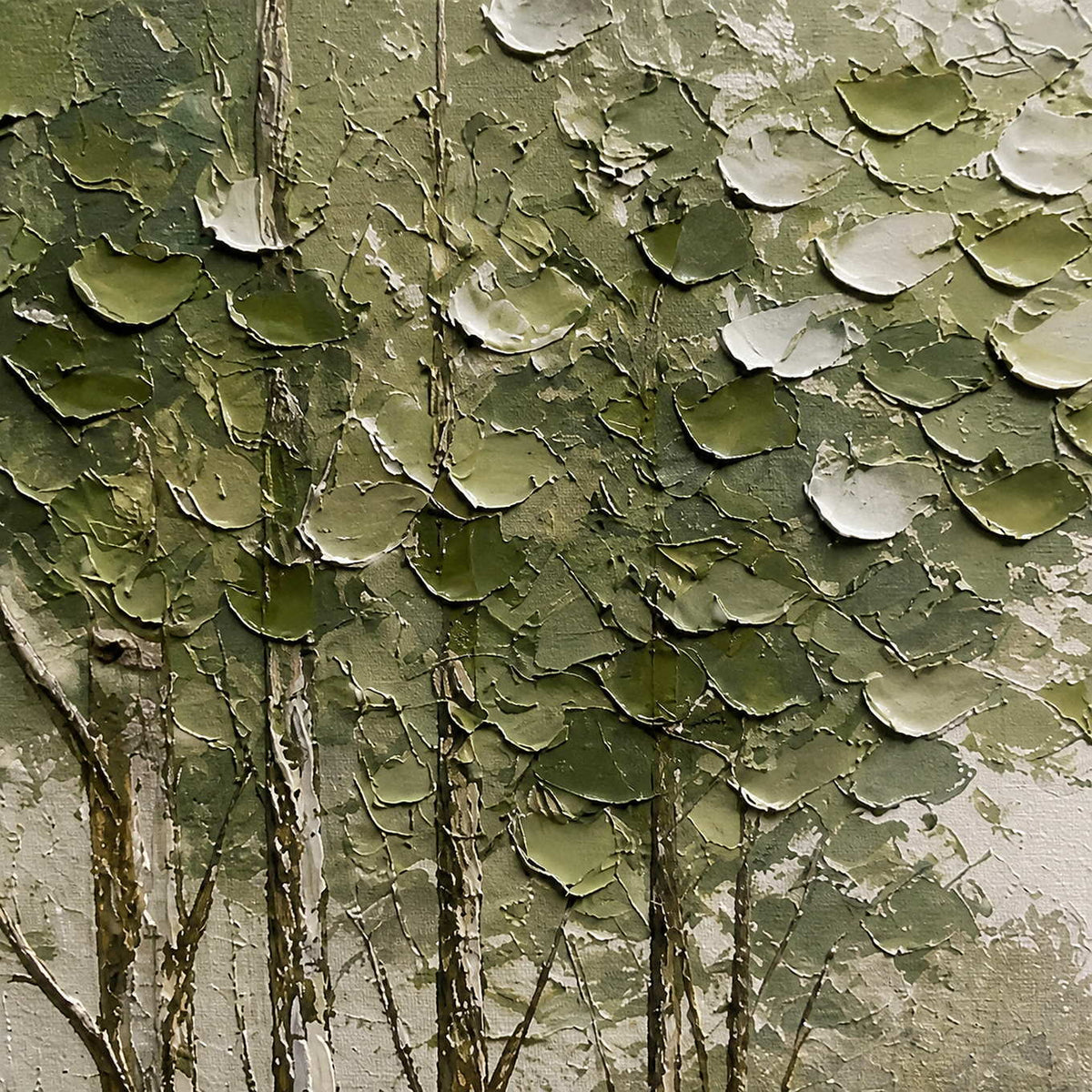 Close-up of layered olive and ivory palette-knife foliage texture.