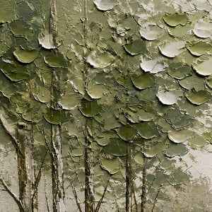 Close-up of layered olive and ivory palette-knife foliage texture.