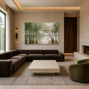 Textured forest landscape wall art displayed in a warm modern living room.