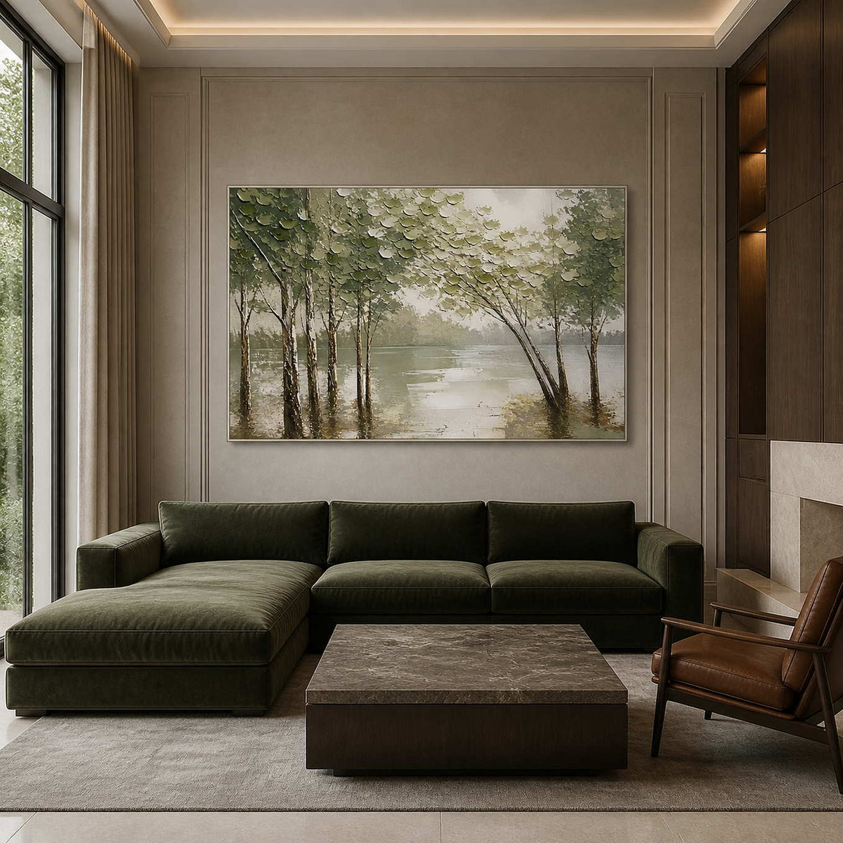 Olive woodland artwork displayed above a deep green modern sofa.