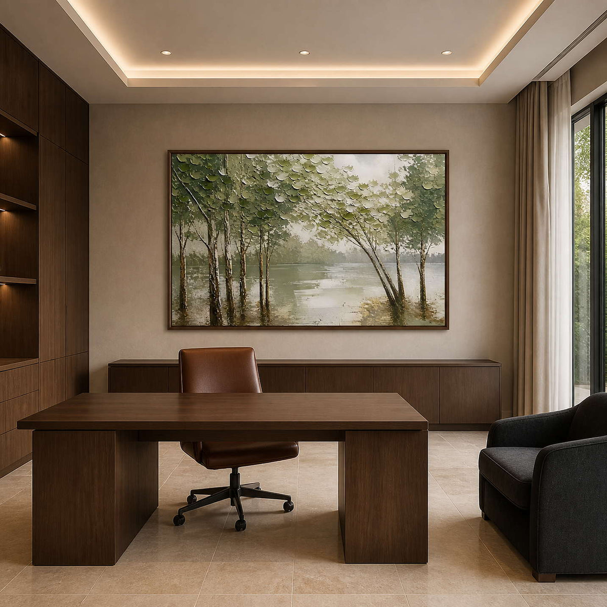 Green landscape artwork displayed in a calm modern home office.