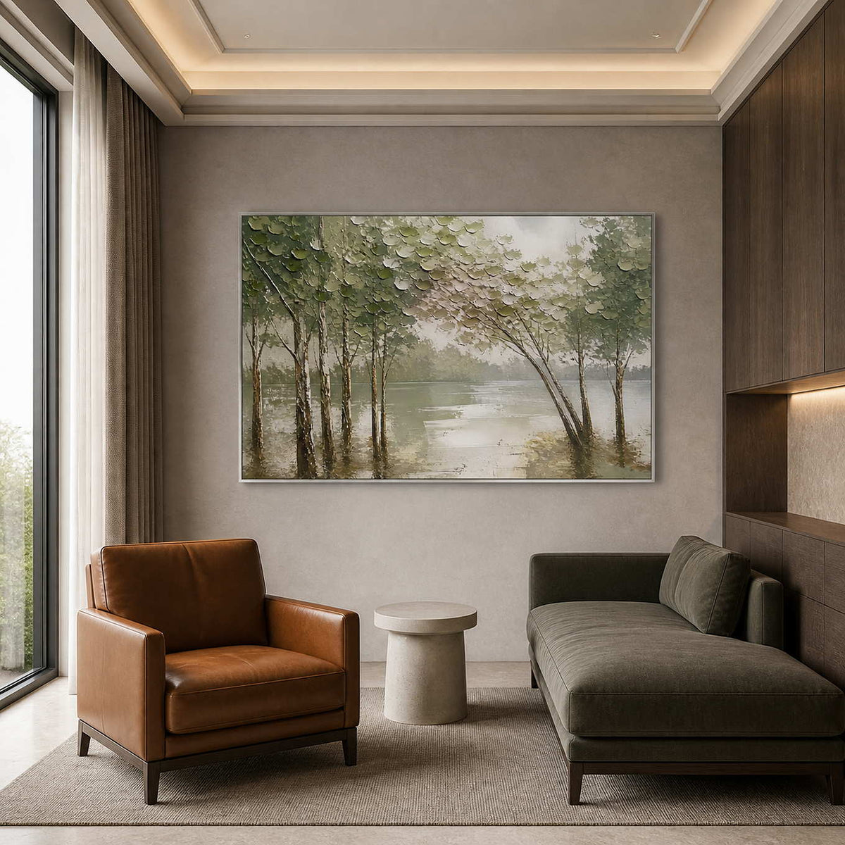 Soft green woodland painting displayed in a quiet reading corner.