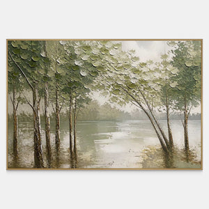 Horizontal forest landscape artwork with olive trees and pale reflective water.