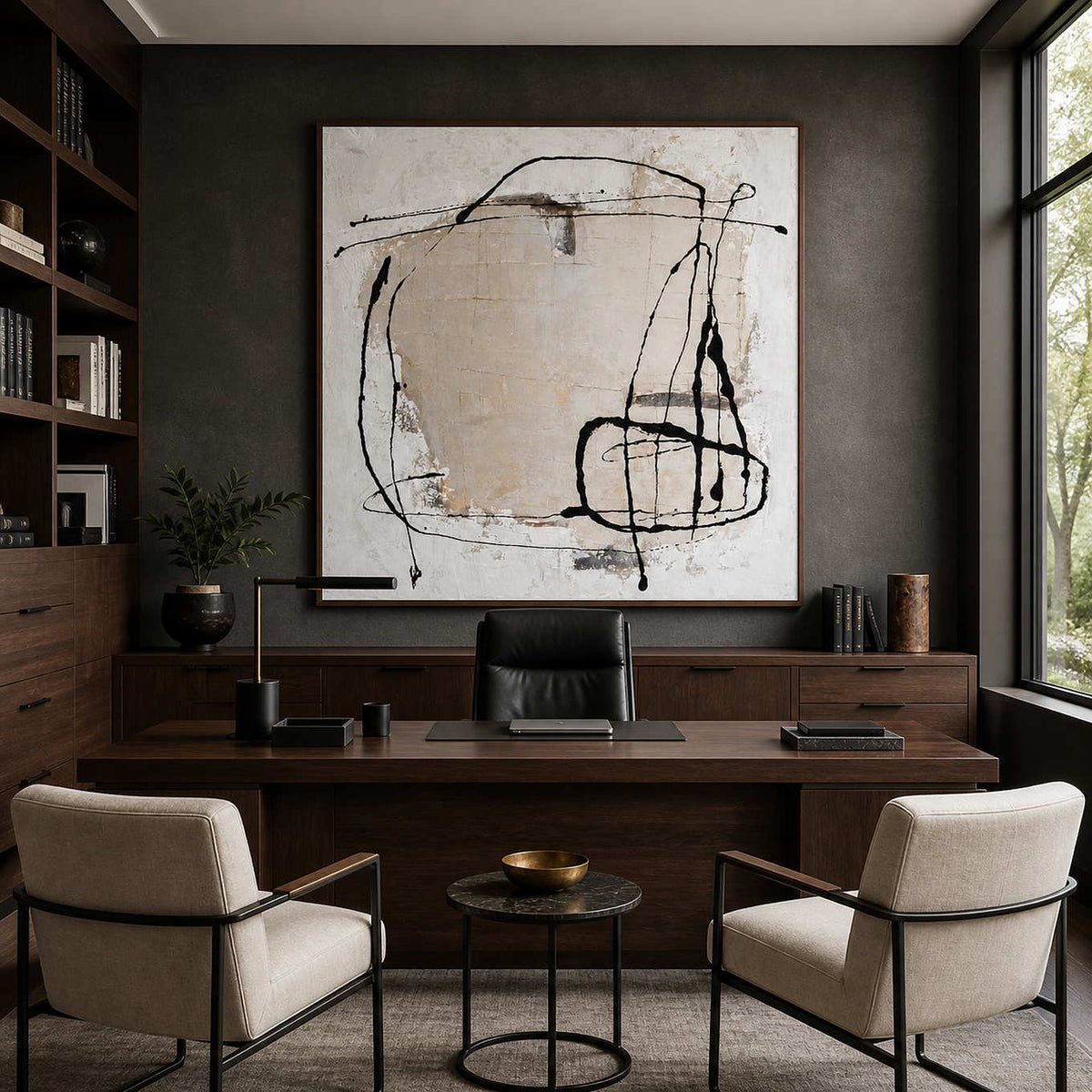 Wood-framed abstract wall art behind a desk in a dark wood home office.