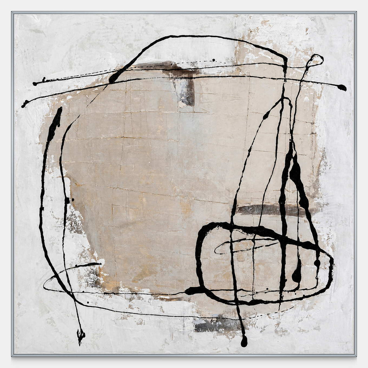 Square abstract wall art with loose black loops over cream and beige.