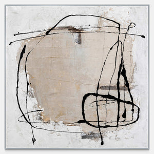 Square abstract wall art with loose black loops over cream and beige.