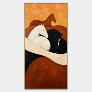 Brown, white, and black horses nestle within sweeping cream and rust curves.