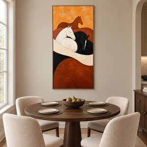 Brown, white, and black horse painting with cream and rust curves in a brown wood frame in a dining room.