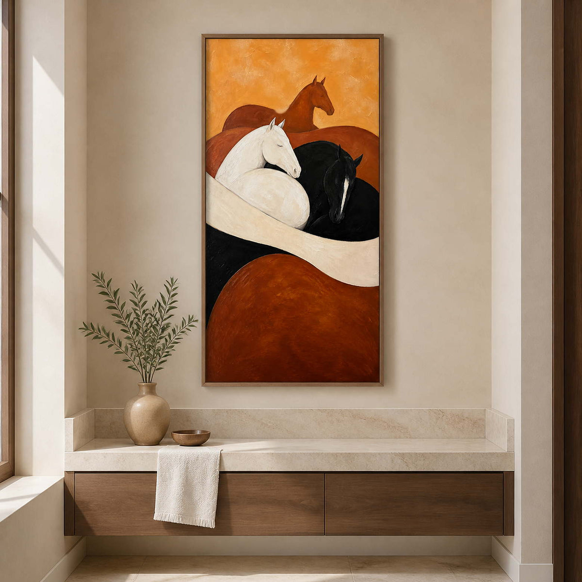 Wood framed horse artwork above a pale stone counter with a draped towel.