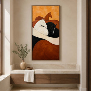 Wood framed horse artwork above a pale stone counter with a draped towel.