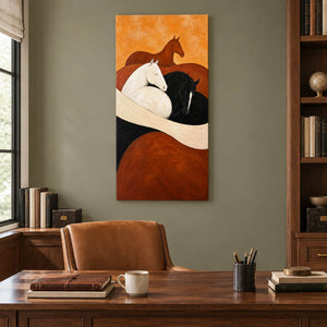 Brown, white, and black horse painting with cream and rust curves without an outer frame in a home office.