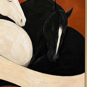 Close detail of a black horse beside cream curves and a white horse.