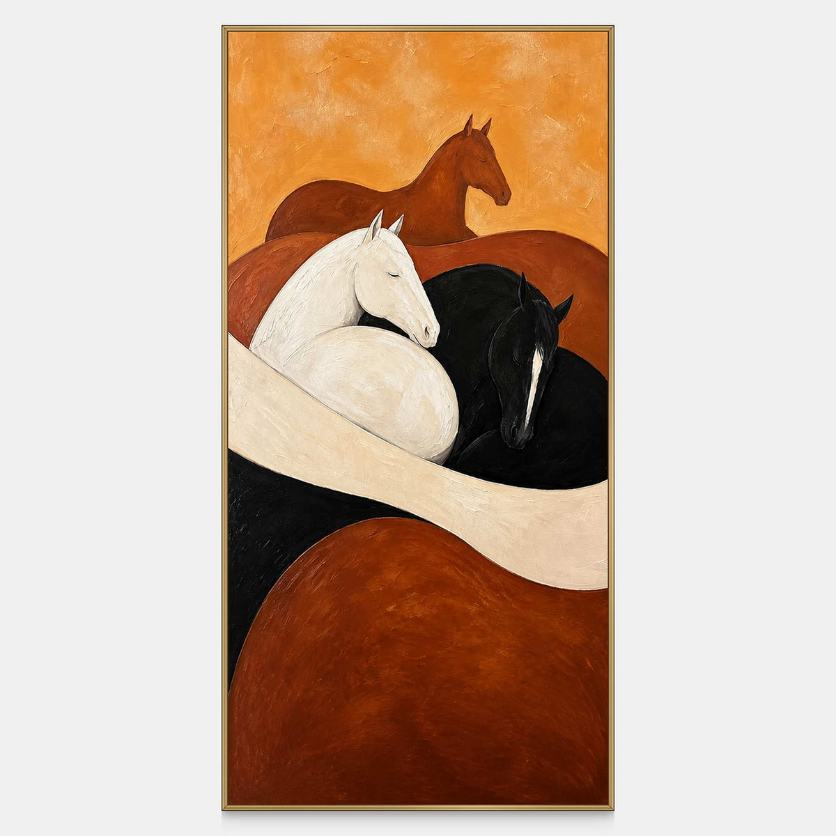 Brown, white, and black horses nestle within sweeping cream and rust curves.