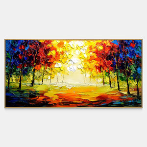 Panoramic woodland painting with a glowing yellow clearing beneath red and blue leaves.