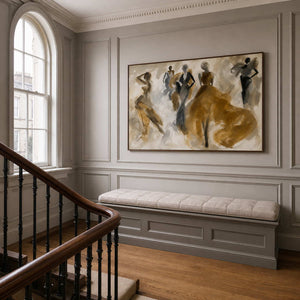 Horizontal figurative artwork displayed in an Edinburgh Georgian stair hall.