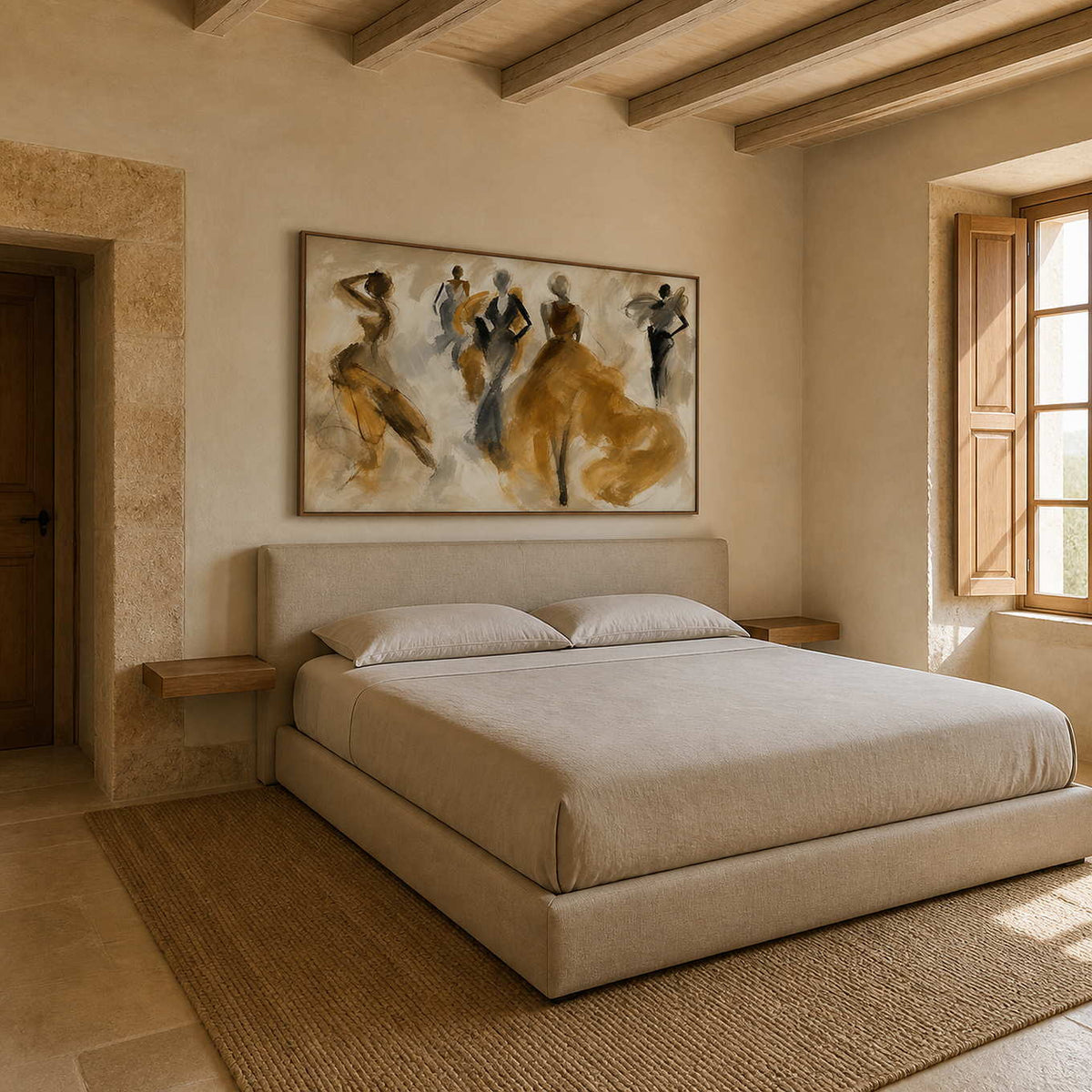 Textured gold figurative artwork displayed in a Mallorca stone house bedroom.
