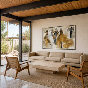 Modern golden figure wall art displayed in a Palm Springs family lounge.
