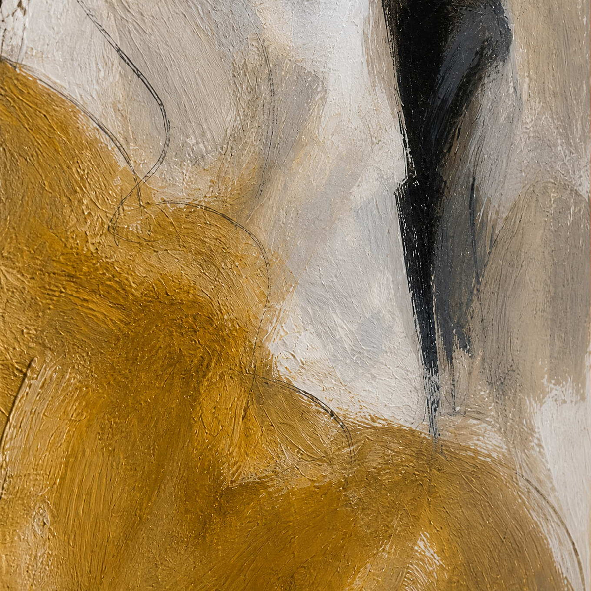 Close-up of layered gold, ivory, gray, and black hand-painted figurative texture.