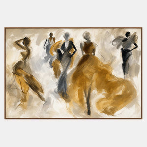 Hand-painted figurative artwork with a golden dress and figures in ivory, gray, and black.
