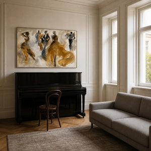 Fashion-inspired figurative wall art displayed in a Vienna music room.