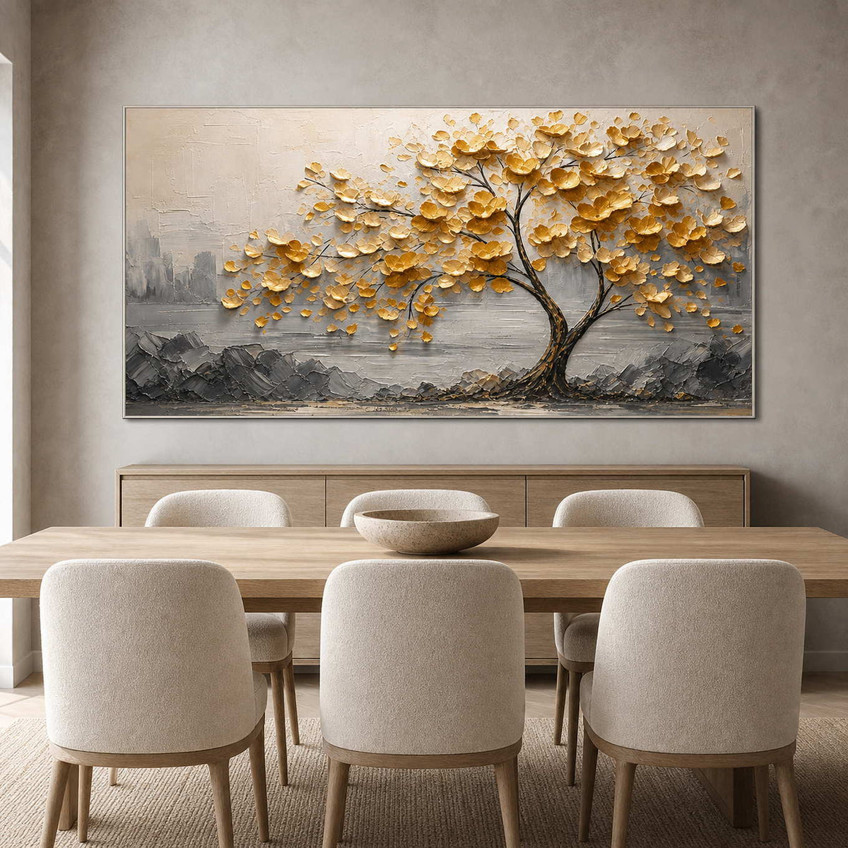Golden botanical artwork displayed above a refined neutral dining table.