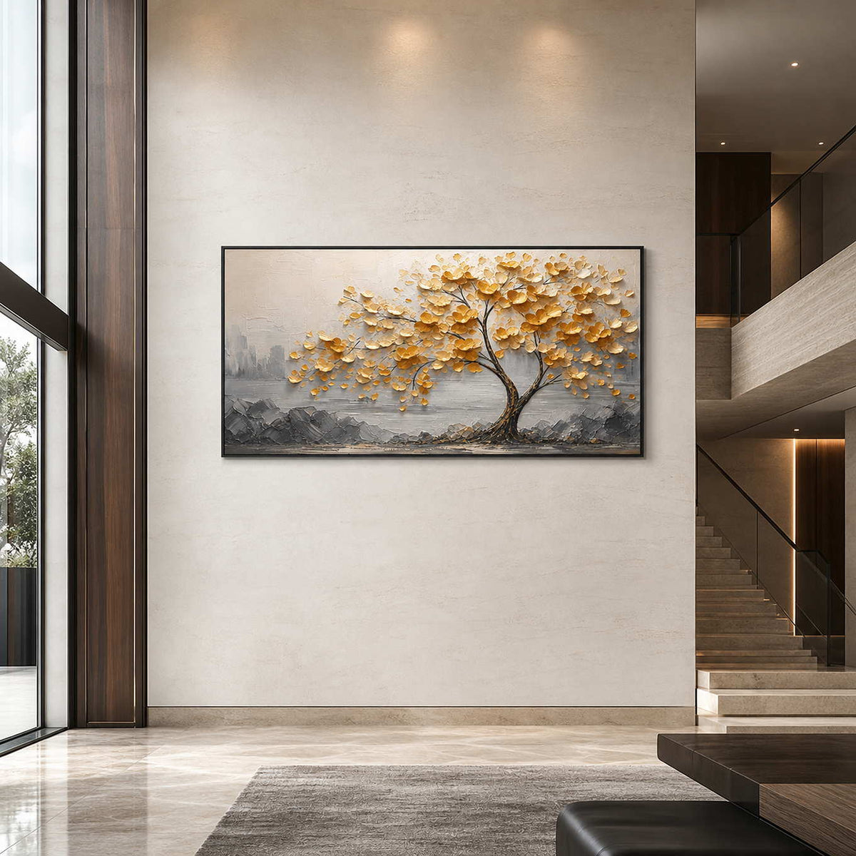 Textured botanical artwork displayed in a spacious modern foyer.